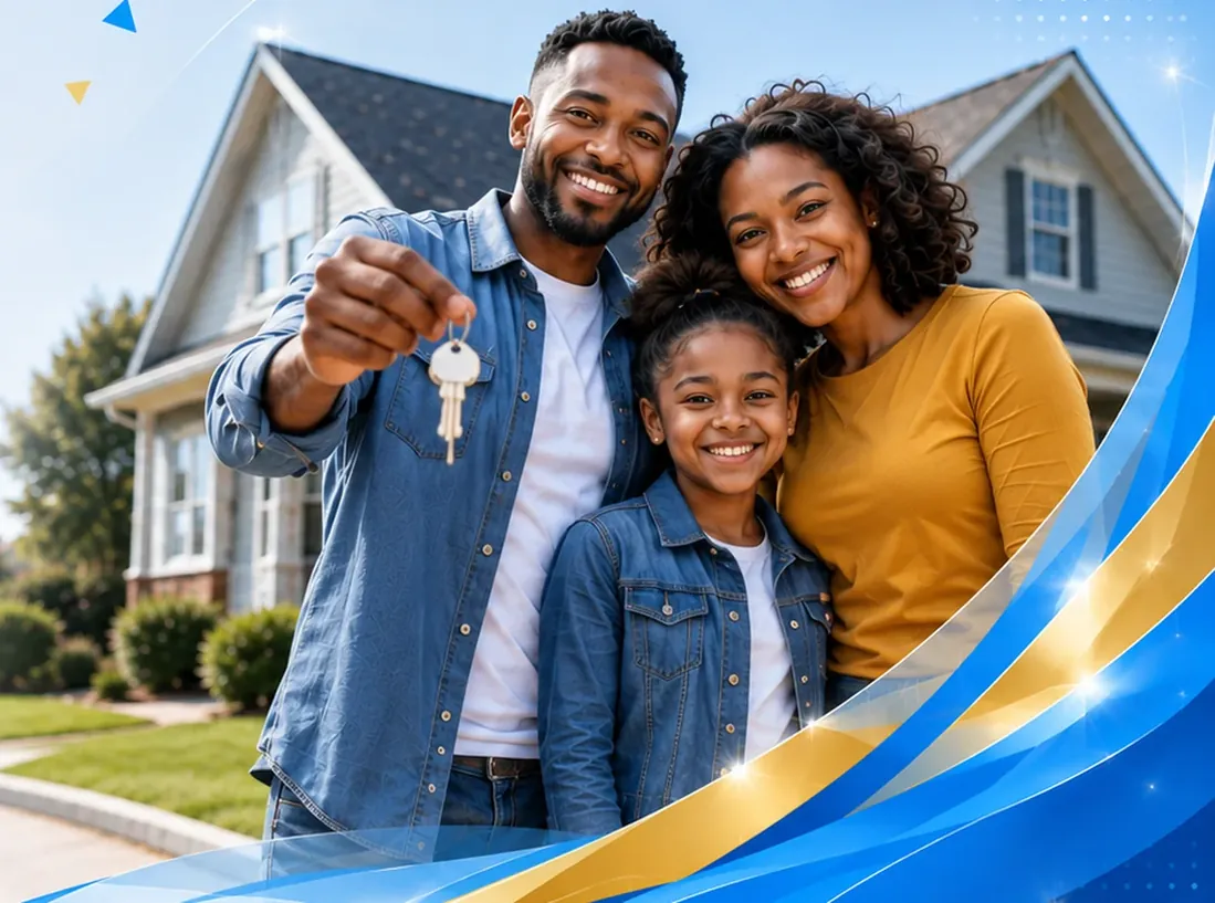 A family in front of their new FHA-financed home
