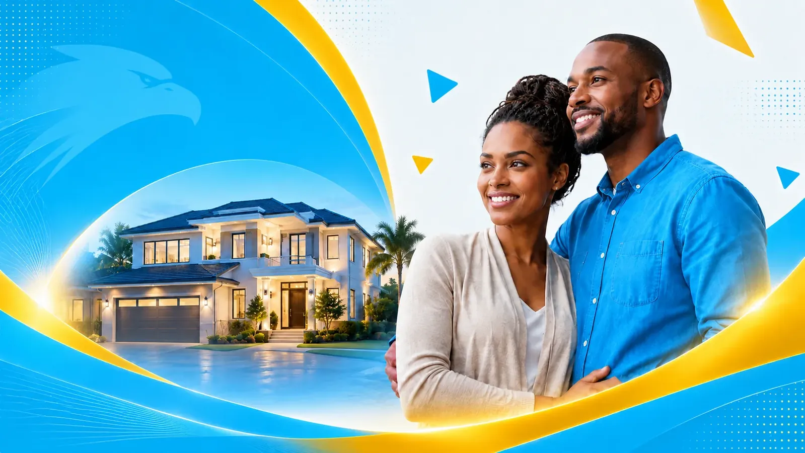 Happy couple in front of their dream home at dusk