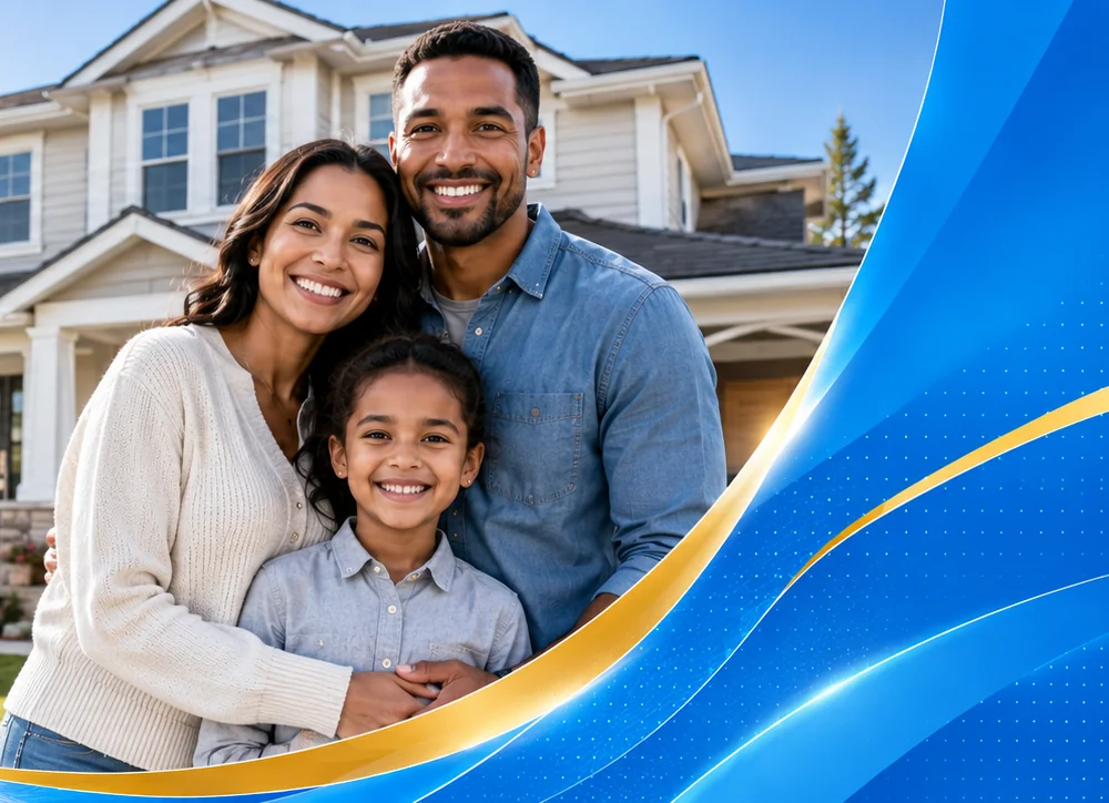 A family in front of their new home