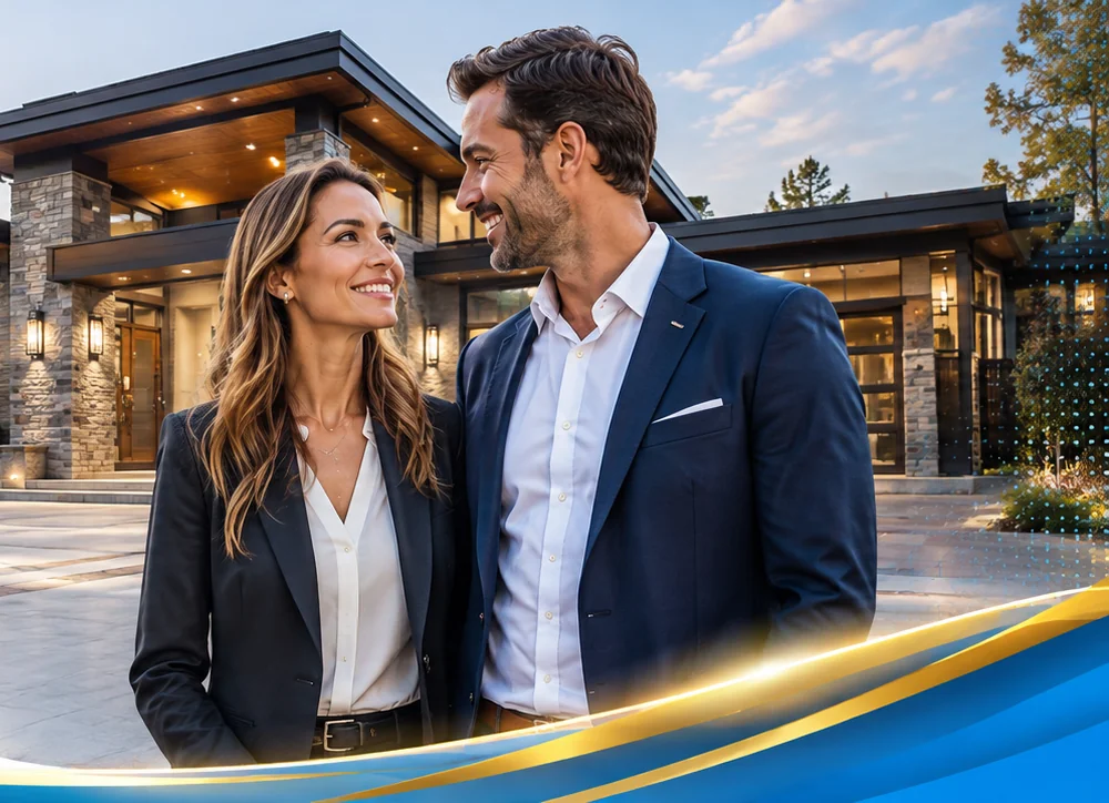 A couple in front of a luxury home at dusk